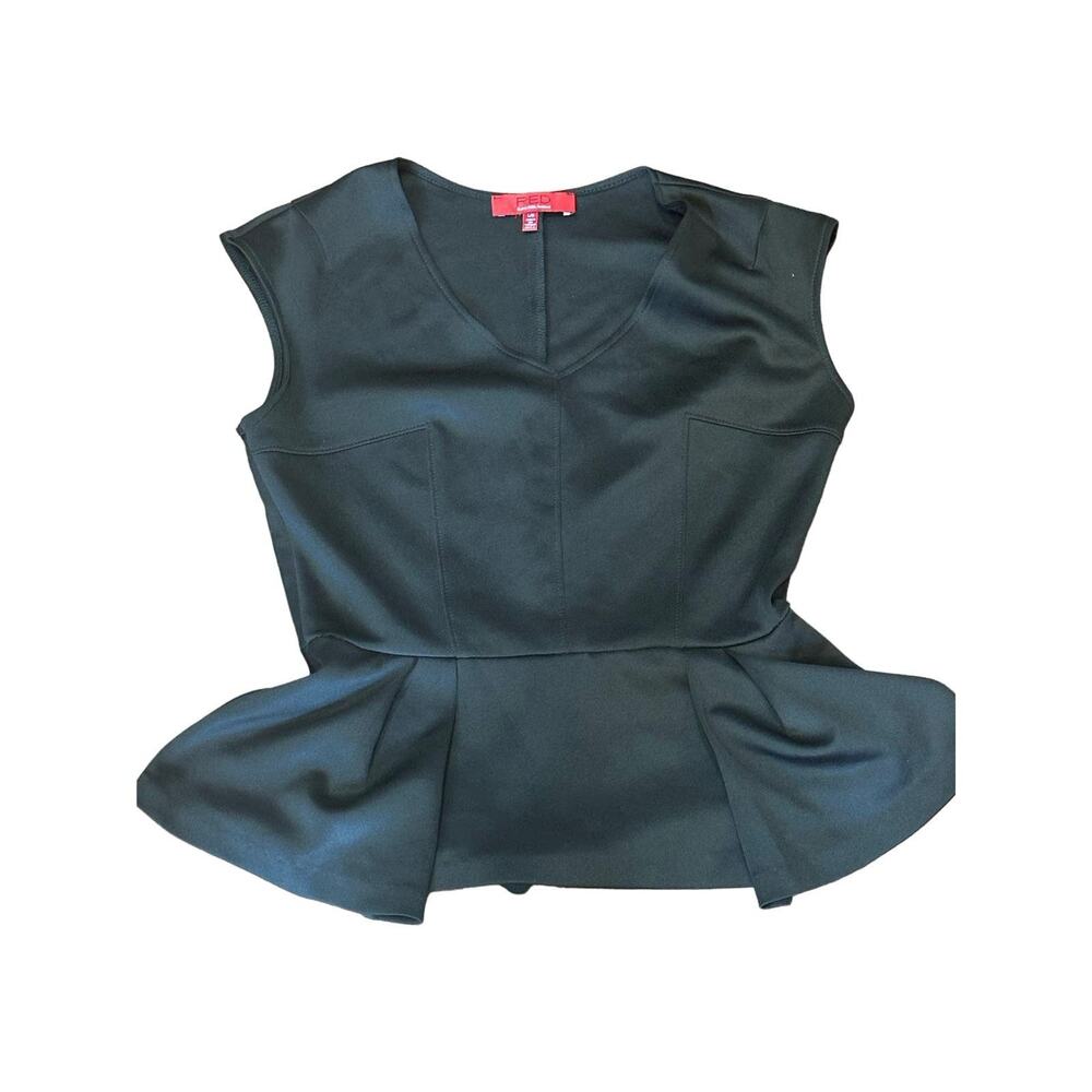 EUC Saks Fifth Avenue RED Label Black Peplum V-Neck Scuba Faux Leather Top Large